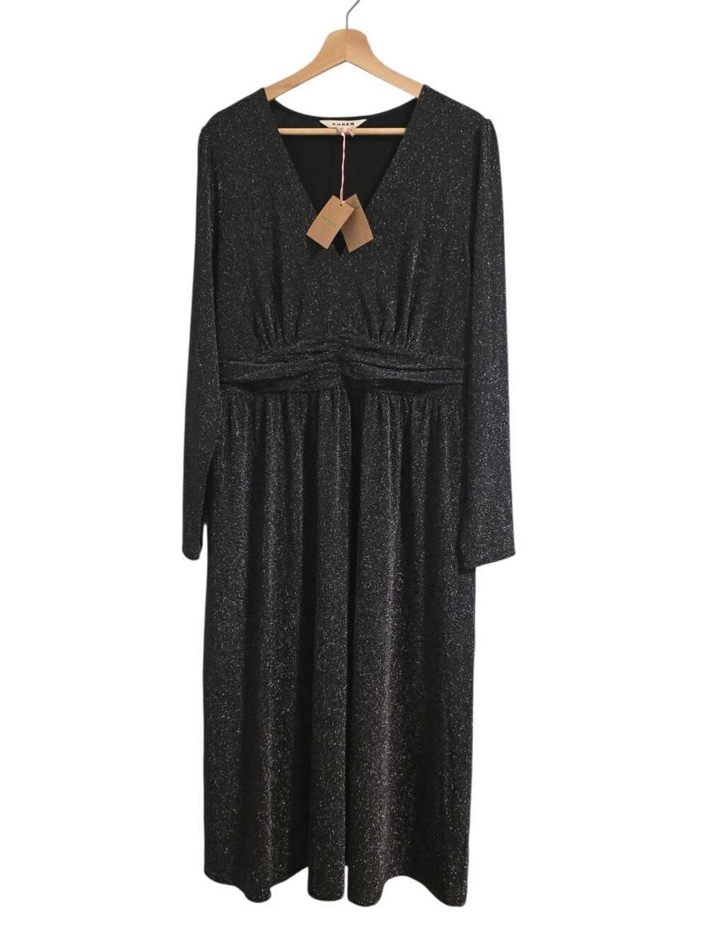 Boden NWT Daphne Metallic Sparkle Plunge Neck Midi Coctail Dress Black Size 14